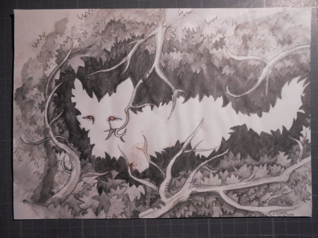 Dessin à la graphite hydrosoluble de plusieurs branches foisonnantes se regroupant vers un centre vide, dont la forme évoque un renard blanc