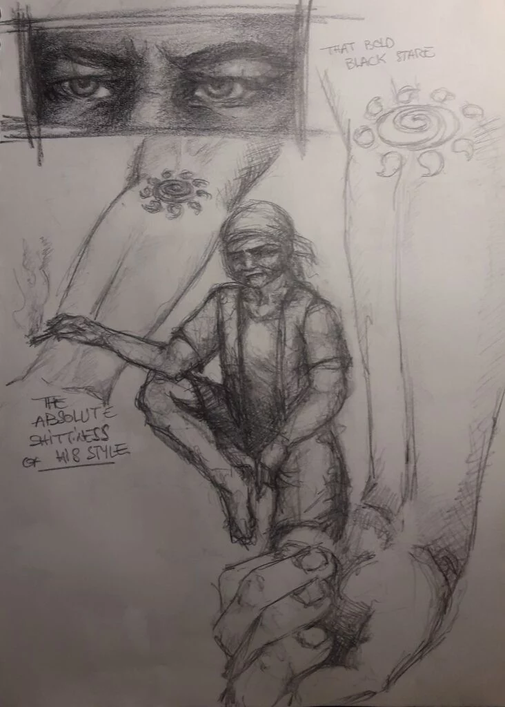 composition à la graphite. En haut à gauche, un cadre se centre sur un regard noir. Au centre, un personnage dessiné nerveusement, avec un bandana, un short et un gilet sur un t-shirt, est assis avec une jambe repliée et fume une cigarette. Il est encadré par deux bras, arborant respectivement un soleil blanc et un soleil noir dans le pli du coude. L'un des bras n'est pas fini; l'autre se termine, en bas à droite, par une main dont les doigts sont doucement repliés.