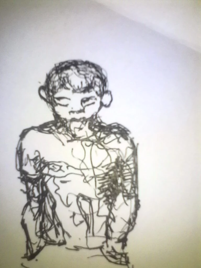 dessin nerveux au liner, qui représente, en un seul trait, un homme, tête baissée en avant, avec les mains dans les poches.
