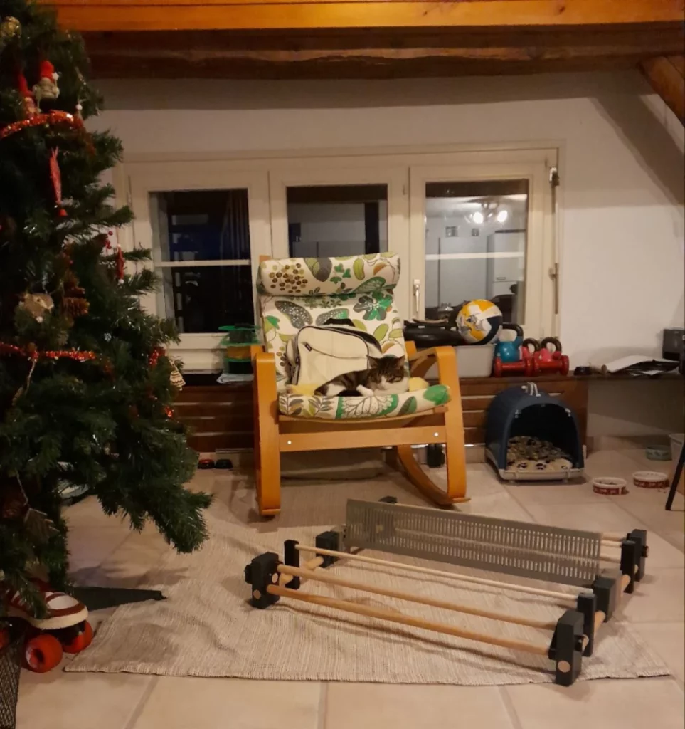 Le métier à tisser posé au milieu du tapis de la pièce à vivre parce que tout le reste de l'appart' est trop crowded pour faire des photos bien. Il est composé de pièces d'assemblage imprimées en 3D et de tiges de bois rondes en hêtre. Il fait environ 70cm de large.