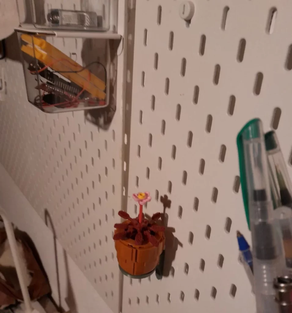 la même petite plante vue depuis l'autre côté. L'effet de suspension a l'air un peu plus spectaculaire sur ce cliché. Au premier plan on apperçoit encore quelques stylos, et au fond sur une pegboard voisine, un casier transparent avec une petite breadboard et quelques cables.