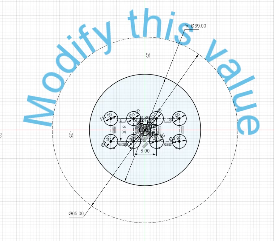 le premier plan du modèle, avec un cercle en traitillés qui porte une mention "Modify this value"