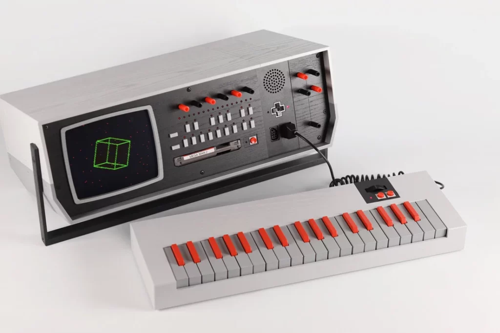 modular synth heavily inspired from the NES aesthetics - the keyboard is white with light grey and red keys, the controls are the two emblematic red buttons