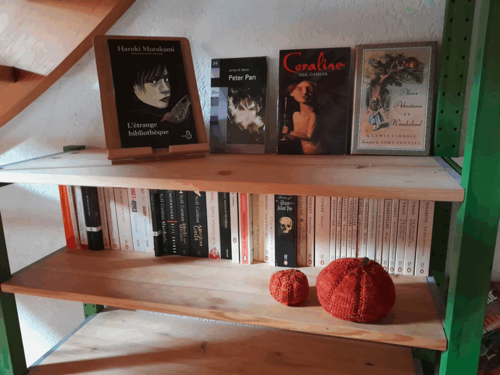 petit aperçu de mon catalogue. Il y a tout un étage de classiques britanniques et américains dans le texte. Deux courges tricotées trônent en décoration devant un recueil d'Edgar Poe avec un crâne sur la tranche. Sur le haut de la bibliothèque, les volumes qui n'entraient pas dans la bibliothèque car trop grands sont exposés. On y voit une édition d'Alice au pays des merveilles illustré avec les gravures de Tenniel colorisées, un exemplaire de l'étrange bibliothèque de Murakami, Coraline, et un exemplaire du Peter Pan de Barrie