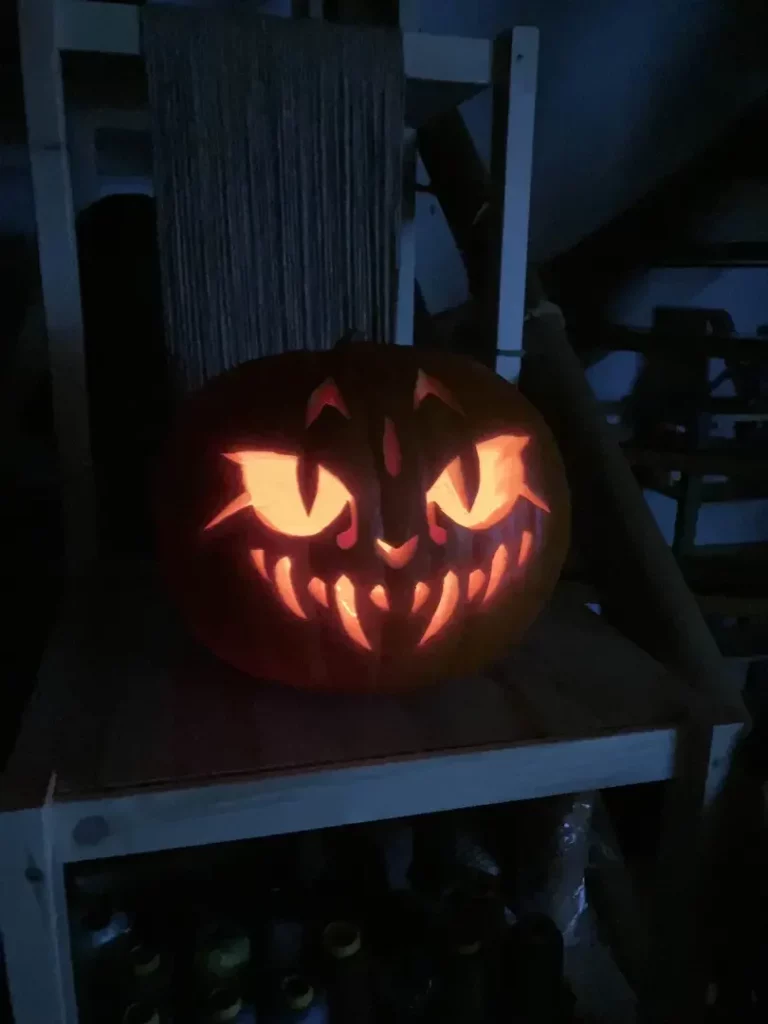 une citrouille taillée à l'effigie de ma chatoune Mina, avec des dents très très pointues et un regard qui augure moult centimètres de griffes dans les molets