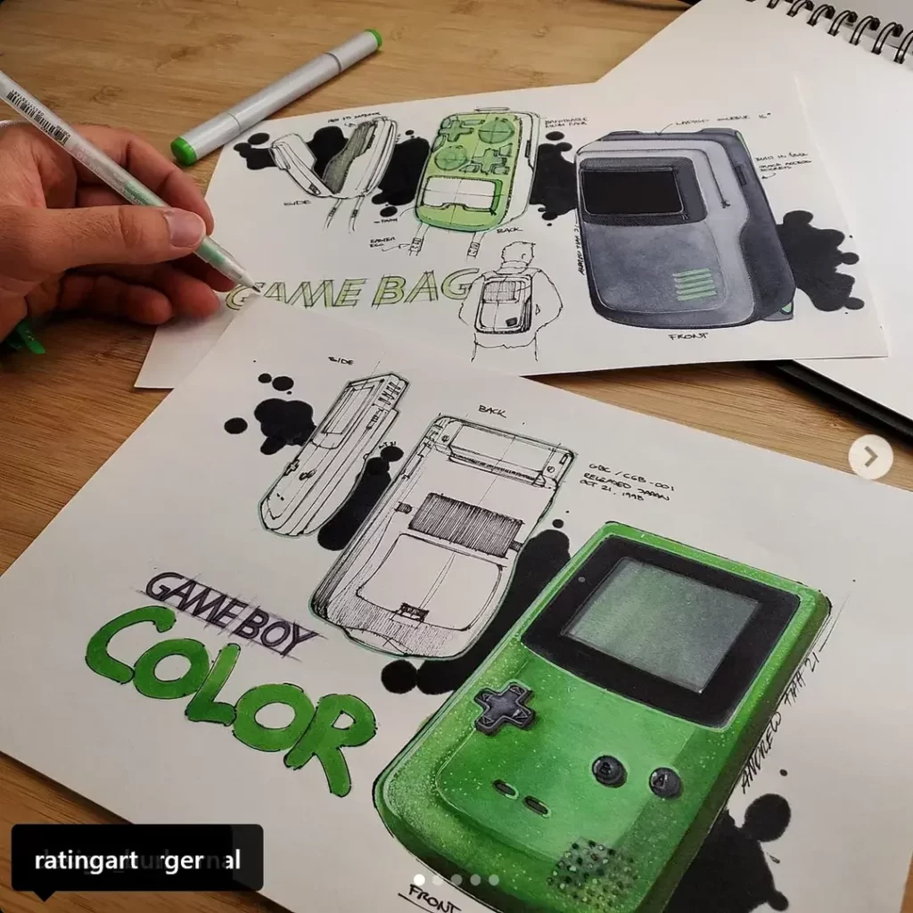 Deux planches ici : quelques vues d'une gameboy color verte sur la première, et sur la seconde quelques idéations d'un sac à dos qui en serait inspiré