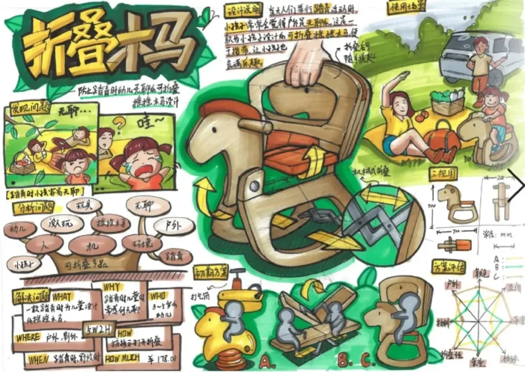 planche de design pour un petit cheval à bascule, auteur inconnu. C'est super crowded, très coloré avec des highlights très forts, plein de petits croquis de mise en situation, ça pop et c'est super énergique