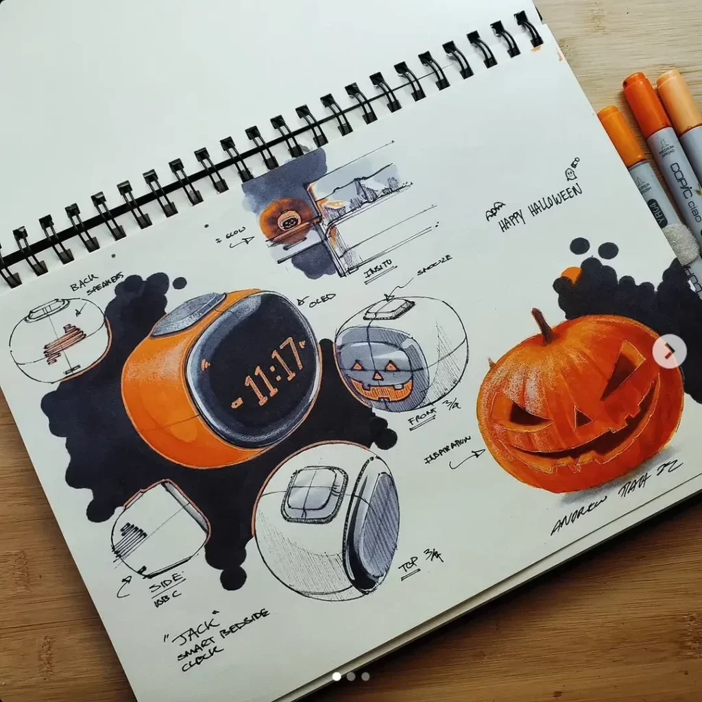 une planche avec plusieurs vues d'un réveil orange à l'écran noir, inspiration jack-o-lantern, qui sourit dans un coin de la page