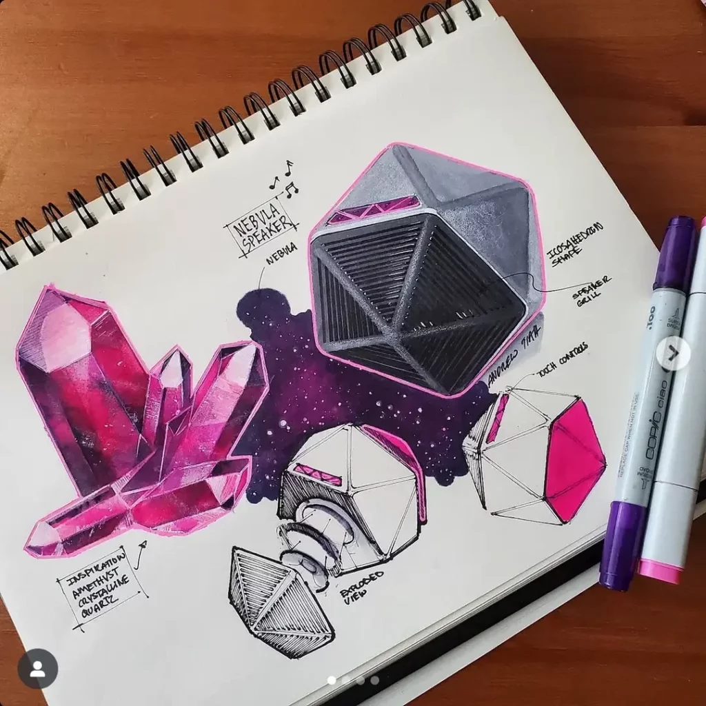 un objet non identifié, un haut-parleur je présume, qui ressemble à un D20. Inspiration cristal, dont un specimen violet trône sur le côté gauche de la page, il est posé sur une petite flaque d'espace ou de matière noire, comme un volume d'antimatière. Une vue explosée se déploie au centre de la page, en crayonné, qui a un peu des allures de space rider démoli