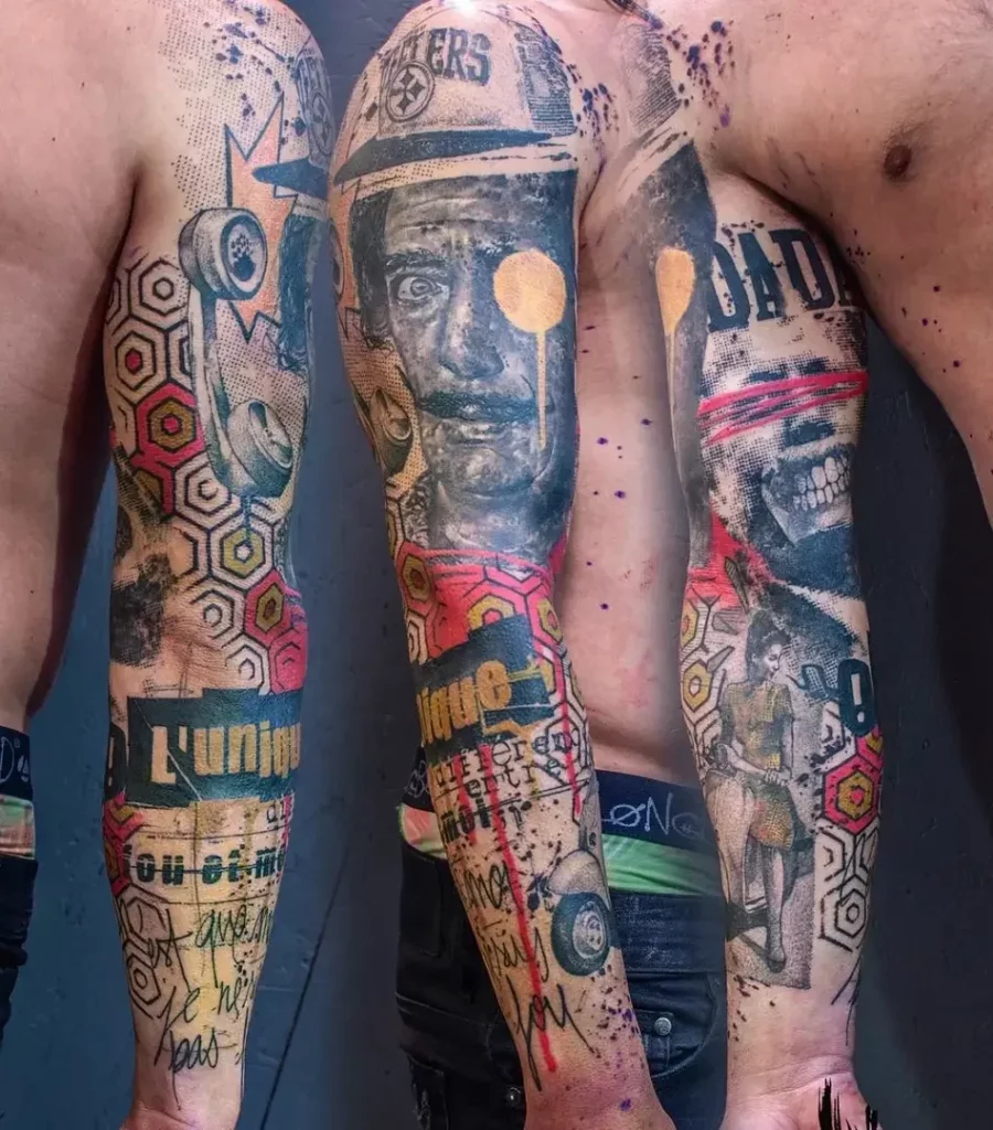 un tatoo très collage avec un portrait de dali en lavis hyper réaliste en noir-blanc, accolé à d'autres portraits en pointillisme un peu sauce Angrand, avec une grosse thématique Dada. Les divers éléments de la composition sont parcourues de coulures de rouge et entrecoupées d'un motif géométrique à base d'hexagones