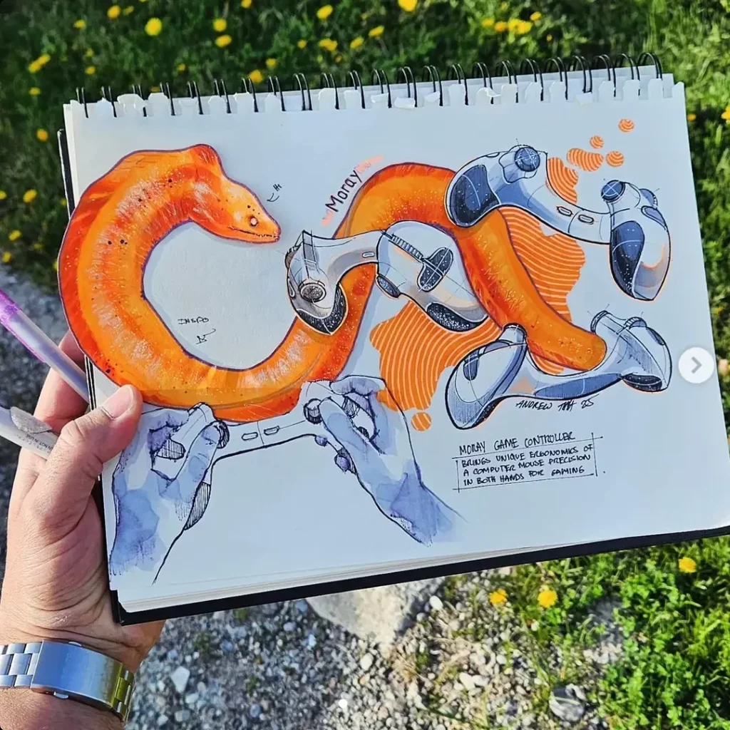 une planche avec des vues isométriques d'un gamepad très incurvé, parcouru par une anguille sinueuse orange vif qui lui sert d'inspiration