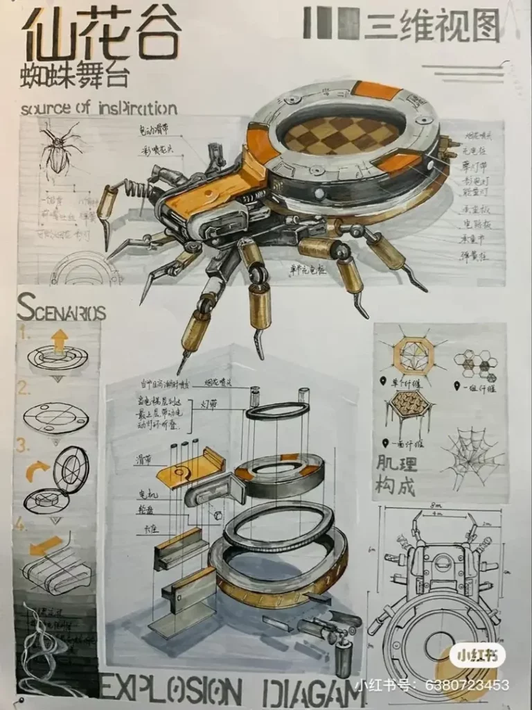 Même genre de délire, mais plus géométrique : une vue explosée d'un robot-araignée