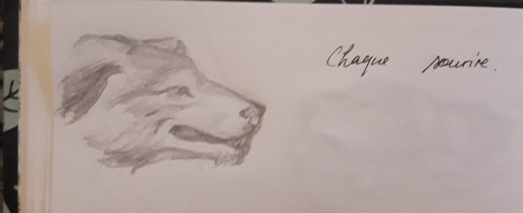 Un quatrième dessin montre seulement son visage tout souriant, et le texte dit "chaque sourire."