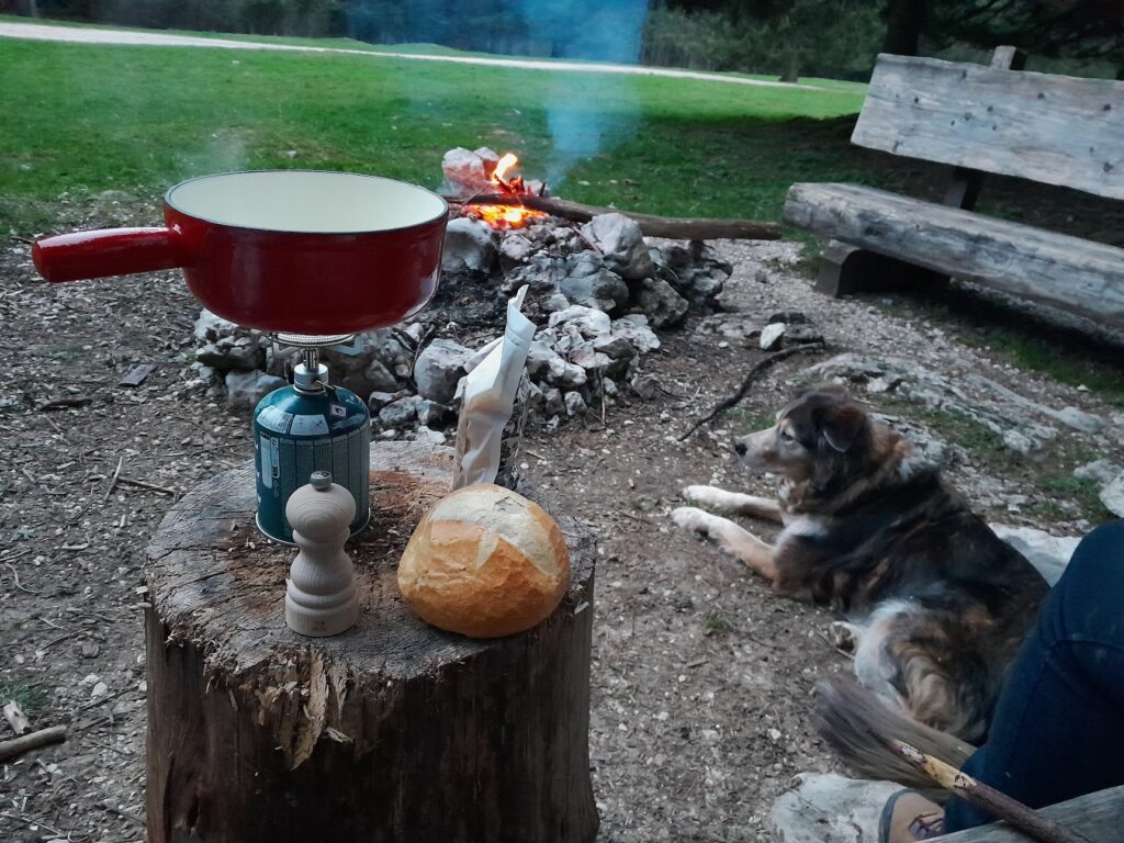 Pixel est couché près d'un feu, dans la forêt, entre deux bancs de bois. On prépare la fondue sur un réchaud à gaz, avec une belle miche de pain blanc.