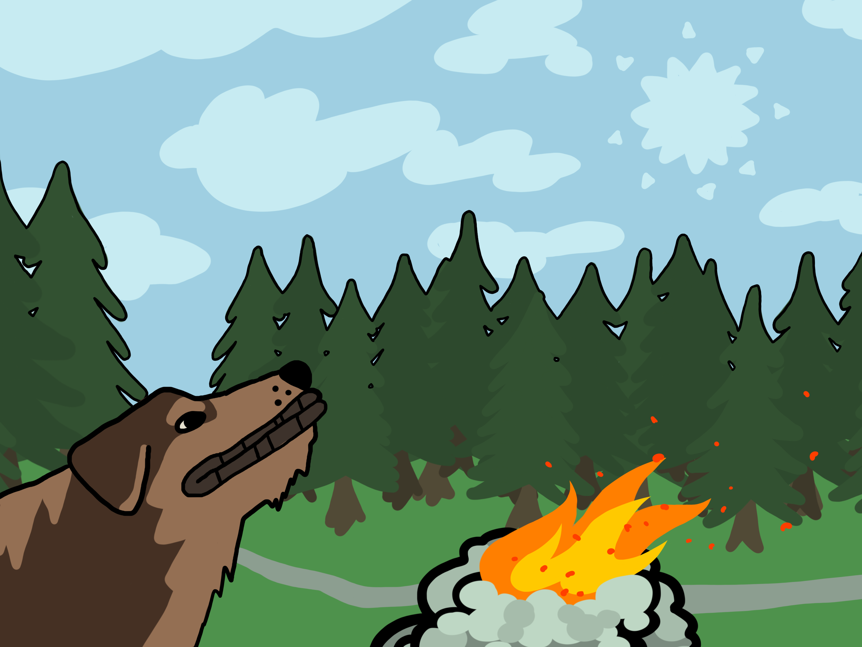 Pixel au bord du feu, dessiné par M. Il se tient fièrement en regardant le ciel, tout sourire, l'air de beaucoup apprécier d'être là, au milieu de la forêt.