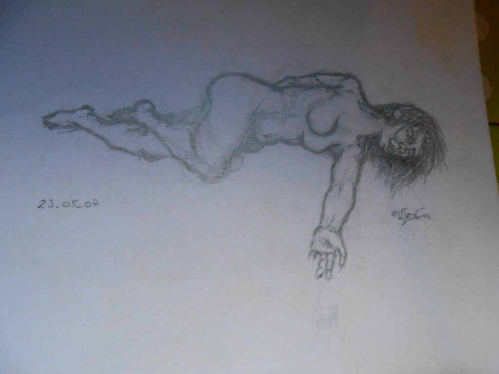 une femme endormie sur le flanc, une jambe repliée haut sur l'autre, un bras tendu devant elle, l'autre replié derrière elle. Le trait au crayon est très nerveux.