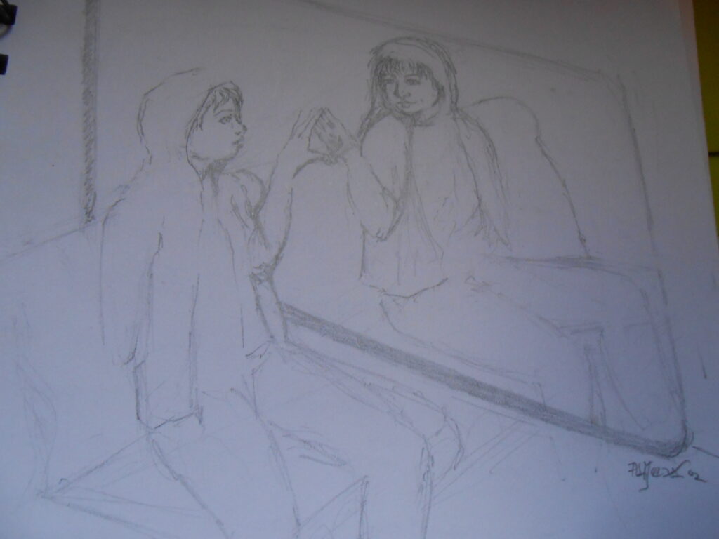 le dit portrait de moi où mon reflet rassurant touche ma main à la fenêtre